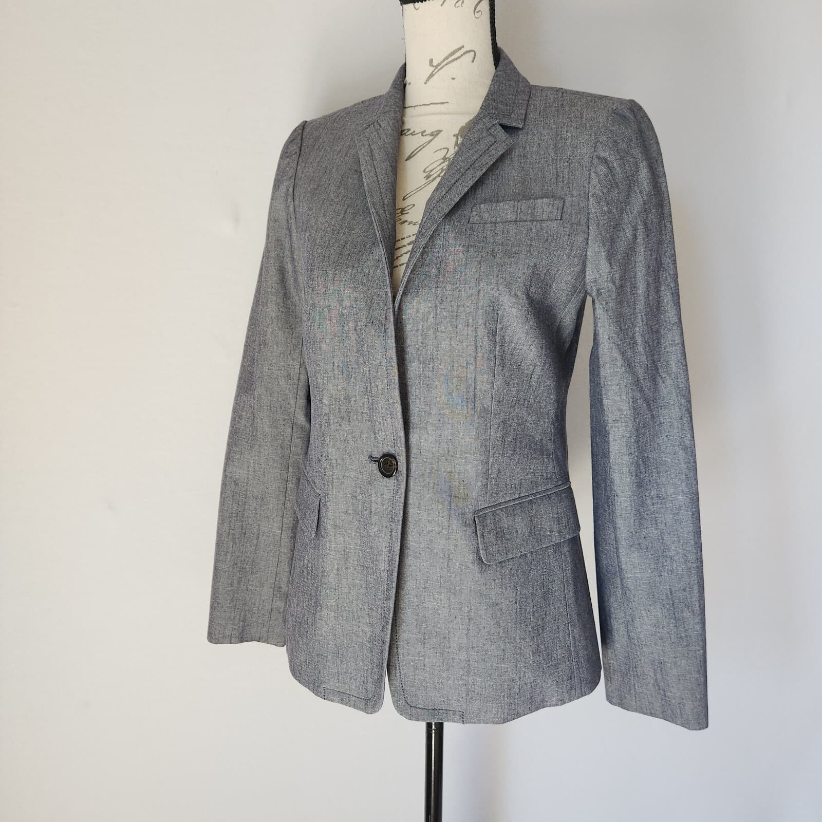 J.Crew Regency Blazer One-Button Pocket Lined Chambray Blue 100% Cotton Women 4