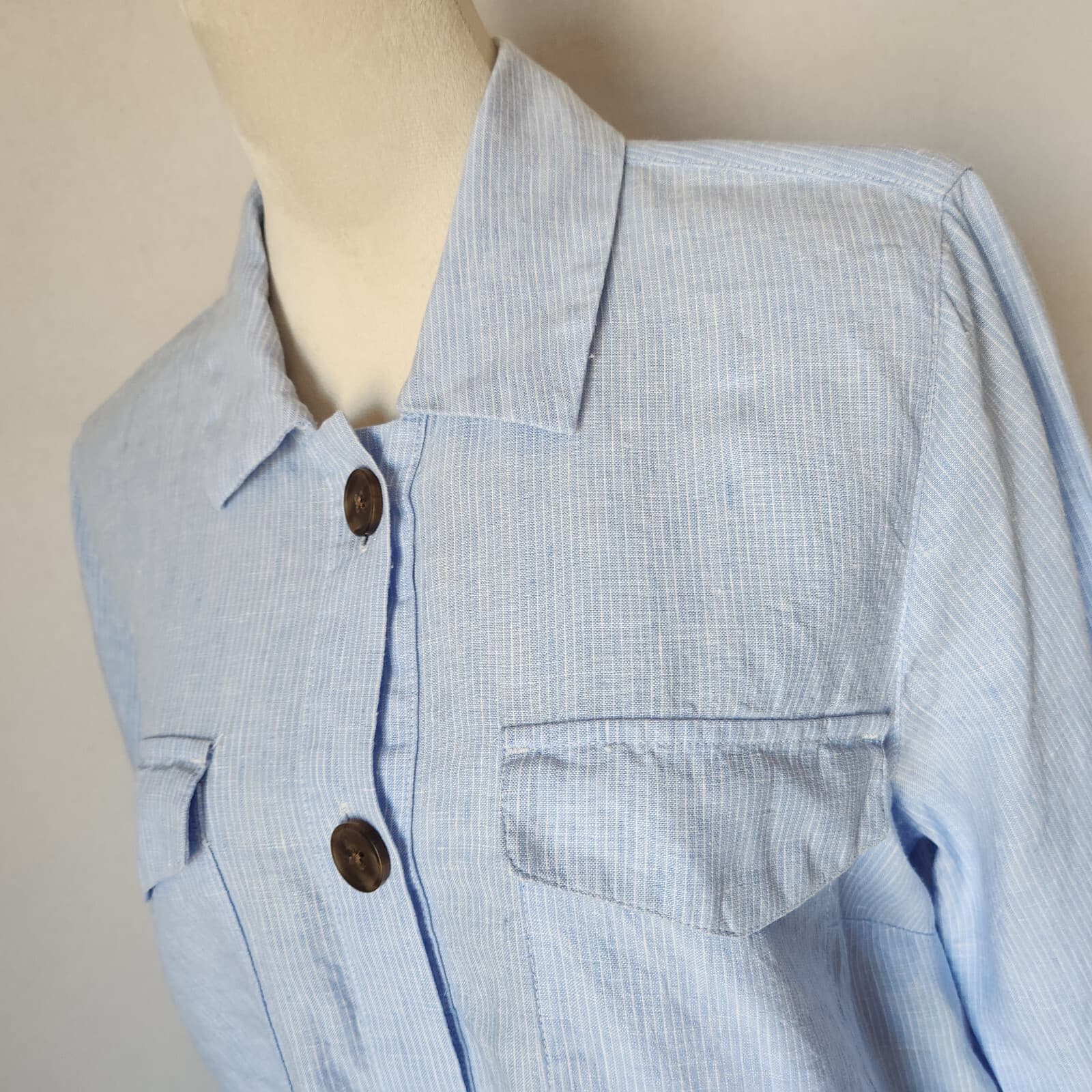 J.Jill Love Linen Popover Shirtdress Long Sleeve Pocket Pin-Strip Blue Women's L - Thumbnail 6