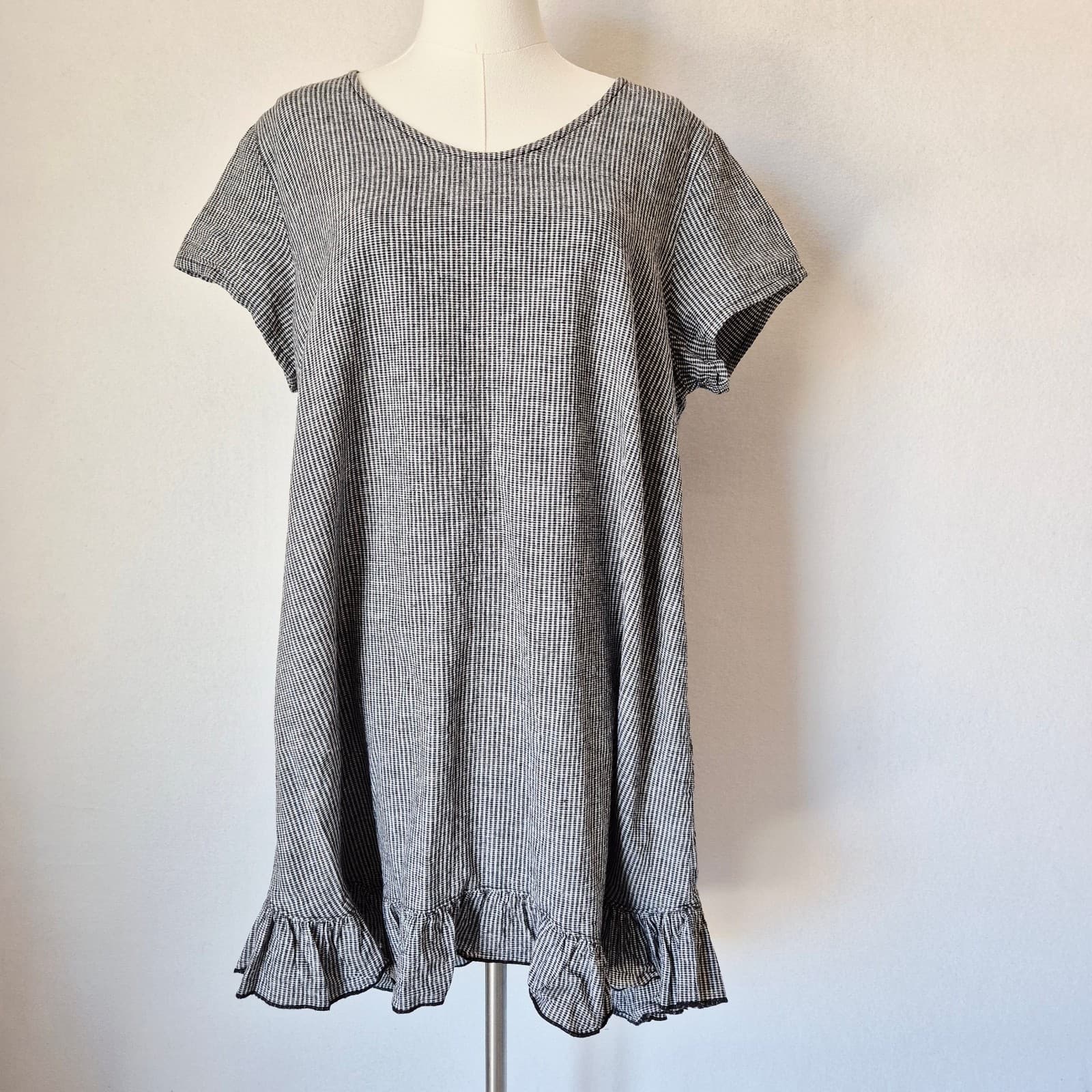 Goddess Gear Sz.XL Linen Cotton Houndstooth Lagenlook Ruffle Dress Short Sleeve - Thumbnail 2