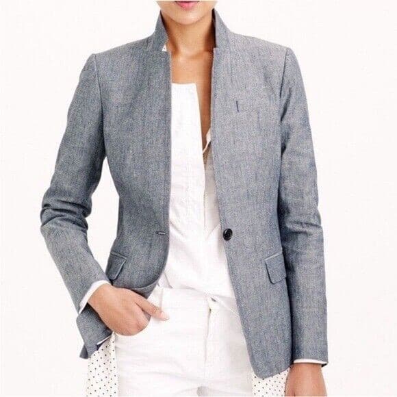 J.Crew Regency Blazer One-Button Pocket Lined Chambray Blue 100% Cotton Women 4 - Thumbnail 2