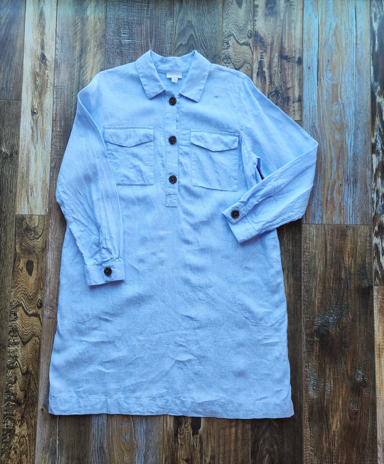 J.Jill Love Linen Popover Shirtdress Long Sleeve Pocket Pin-Strip Blue Women's L - Thumbnail 4