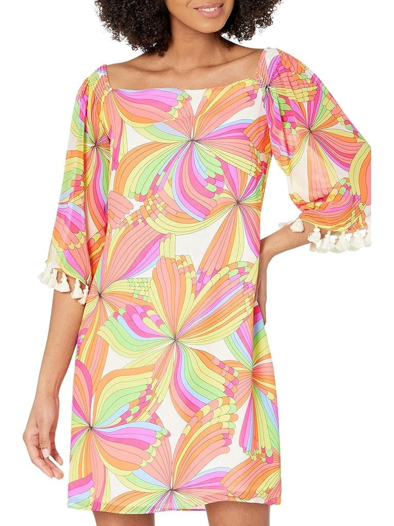Trina Turk Amaris Off-Shoulder Mini Shift Dress Tassel Geo-Printed Multicolor XS - Thumbnail 2