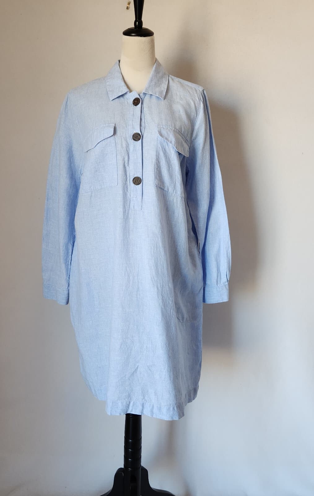 J.Jill Love Linen Popover Shirtdress Long Sleeve Pocket Pin-Strip Blue Women's L - Thumbnail 2
