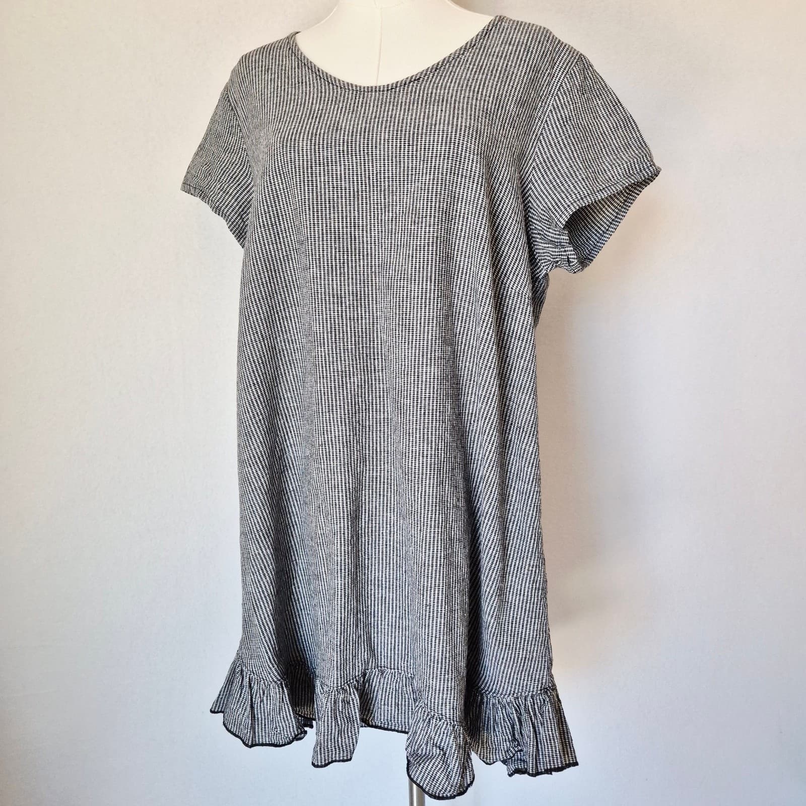 Goddess Gear Sz.XL Linen Cotton Houndstooth Lagenlook Ruffle Dress Short Sleeve