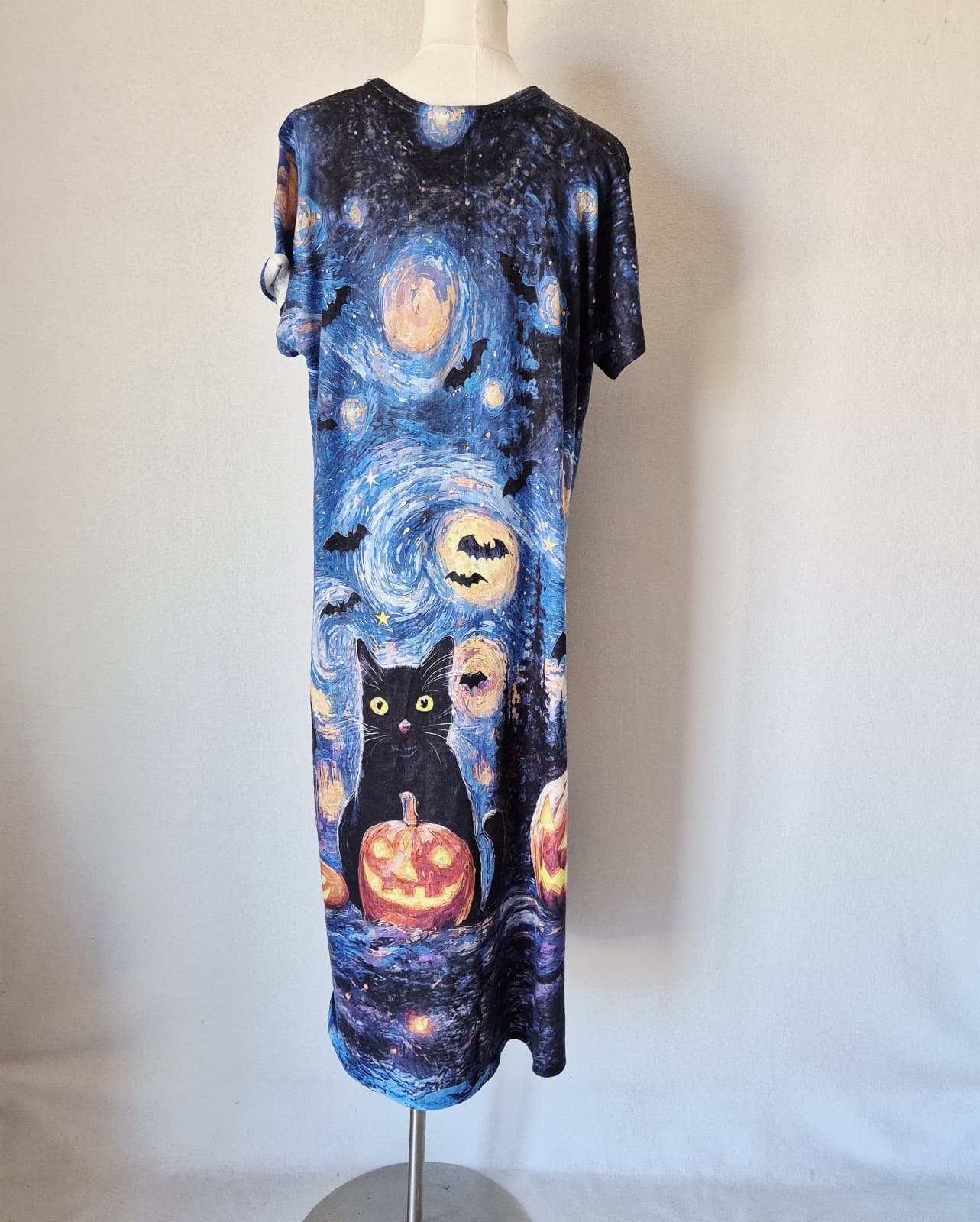 Et' Lois Black Cat Jack-o' Lanterns Van Gogh Starry Night Maxi T-Shirt Dress XL - Thumbnail 3