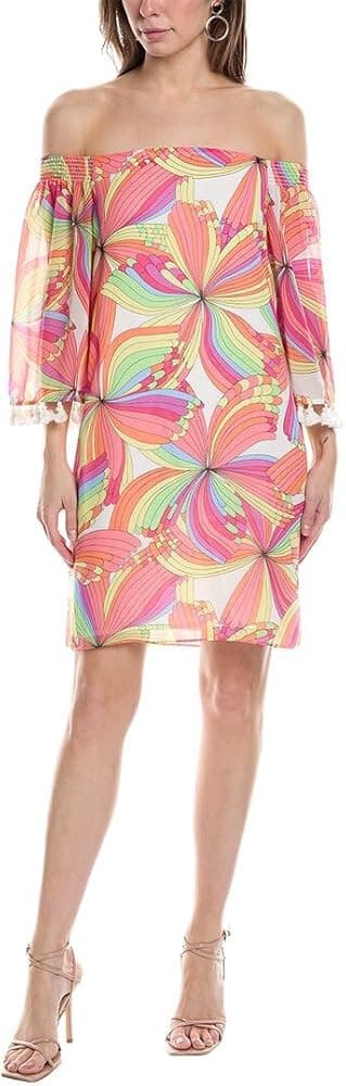 Trina Turk Amaris Off-Shoulder Mini Shift Dress Tassel Geo-Printed Multicolor XS - Thumbnail 5