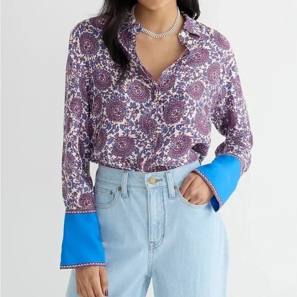 J.Crew Classic-Fit Drapey Button-Up Shirt Cupro-Blend Floral Crown Sz.10 BQ751 - Thumbnail 2