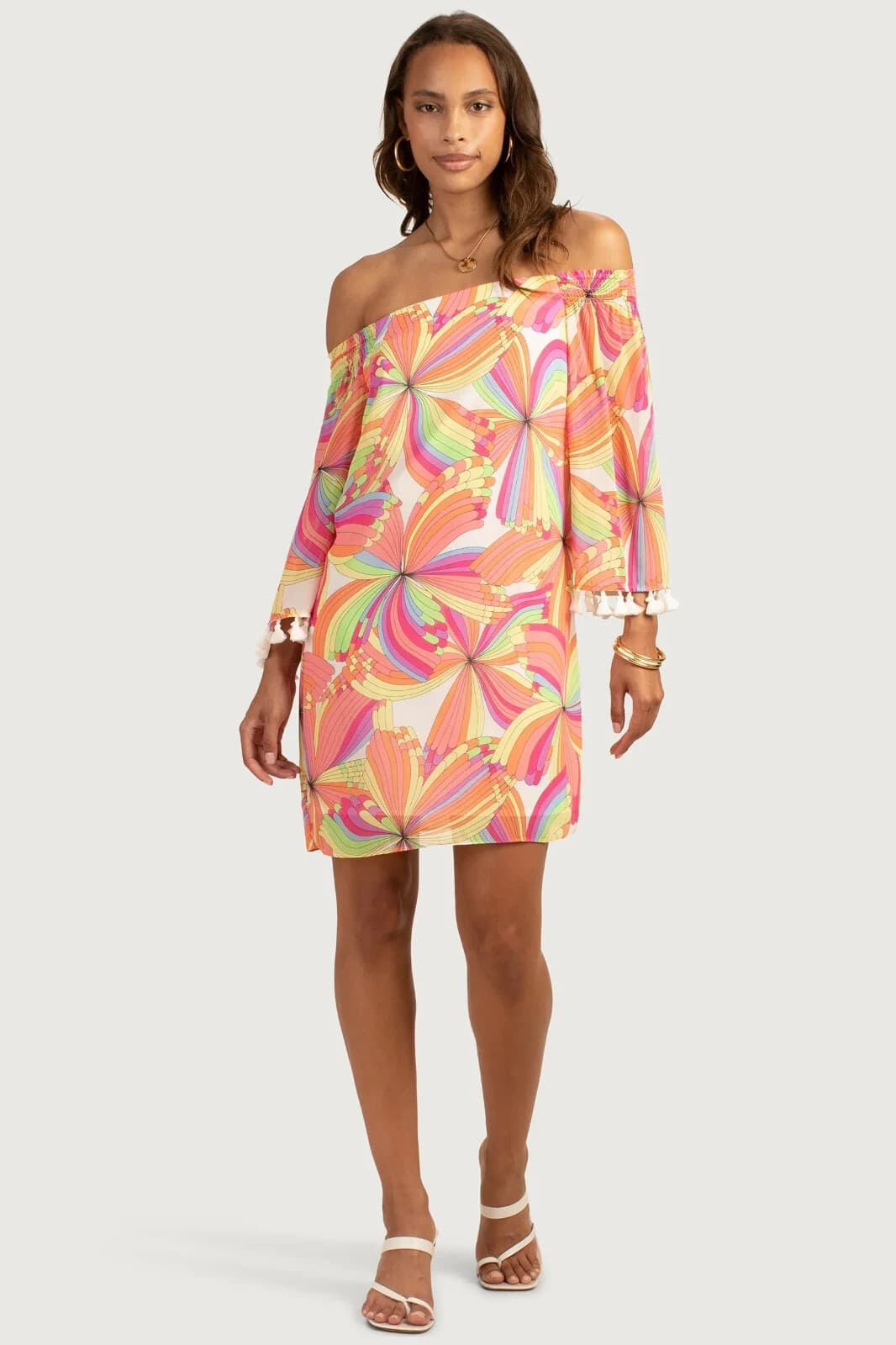 Trina Turk Amaris Off-Shoulder Mini Shift Dress Tassel Geo-Printed Multicolor XS - Thumbnail 7