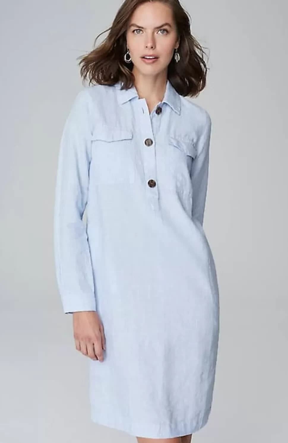 J.Jill Love Linen Popover Shirtdress Long Sleeve Pocket Pin-Strip Blue Women's L - Thumbnail 3