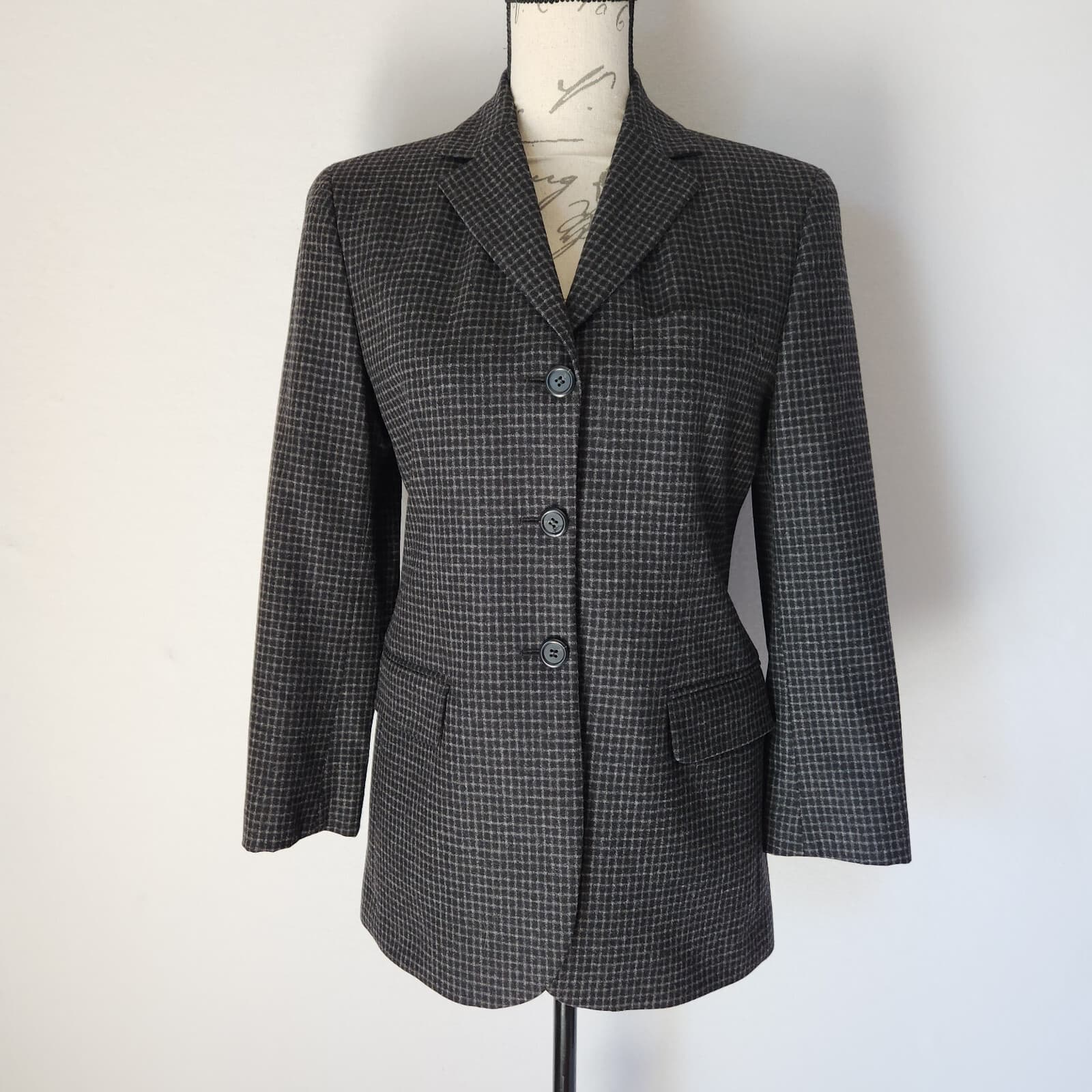 J.Crew Made in Italy Wool Check Blazer 3-Botton Lined Pocket Black Grey Women 2 - Thumbnail 2