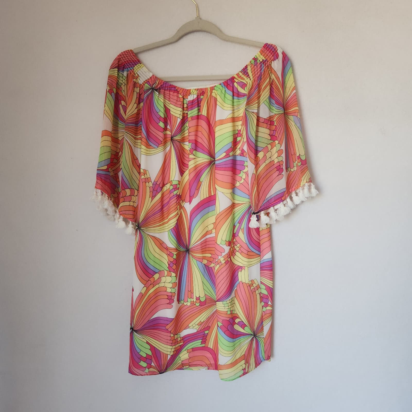 Trina Turk Amaris Off-Shoulder Mini Shift Dress Tassel Geo-Printed Multicolor XS - Thumbnail 11