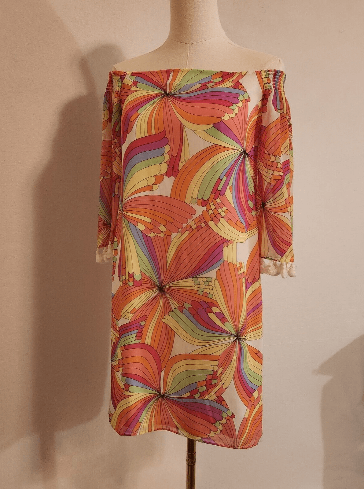Trina Turk Amaris Off-Shoulder Mini Shift Dress Tassel Geo-Printed Multicolor XS - Thumbnail 6