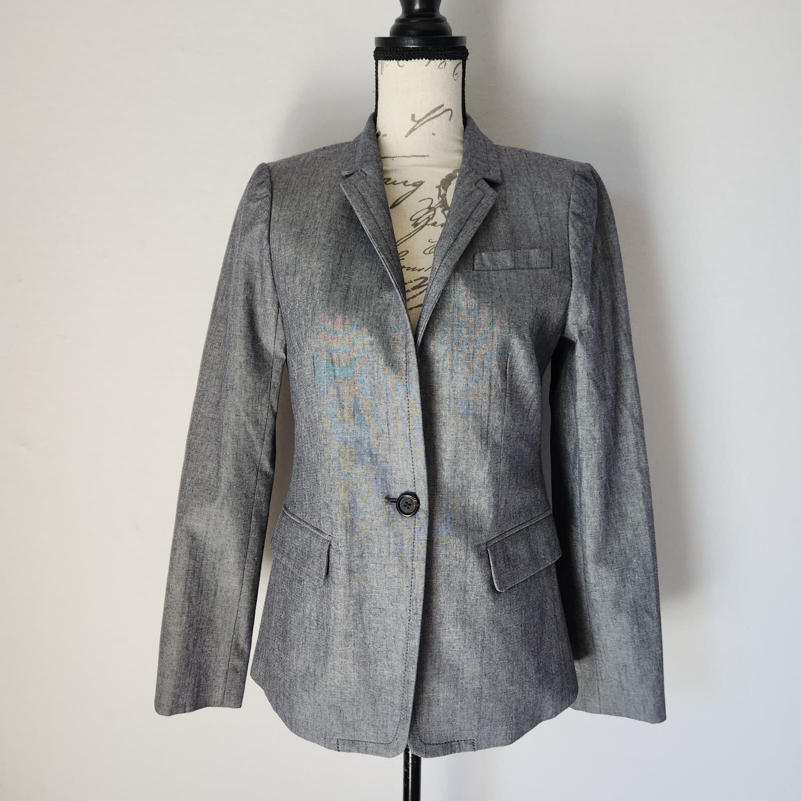 J.Crew Regency Blazer One-Button Pocket Lined Chambray Blue 100% Cotton Women 4 - Thumbnail 4
