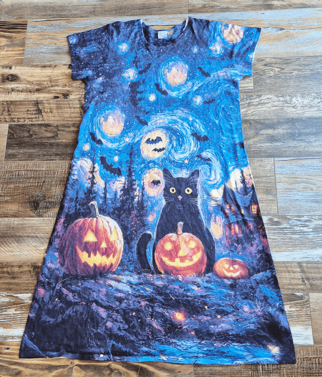 Et' Lois Black Cat Jack-o' Lanterns Van Gogh Starry Night Maxi T-Shirt Dress XL - Thumbnail 4