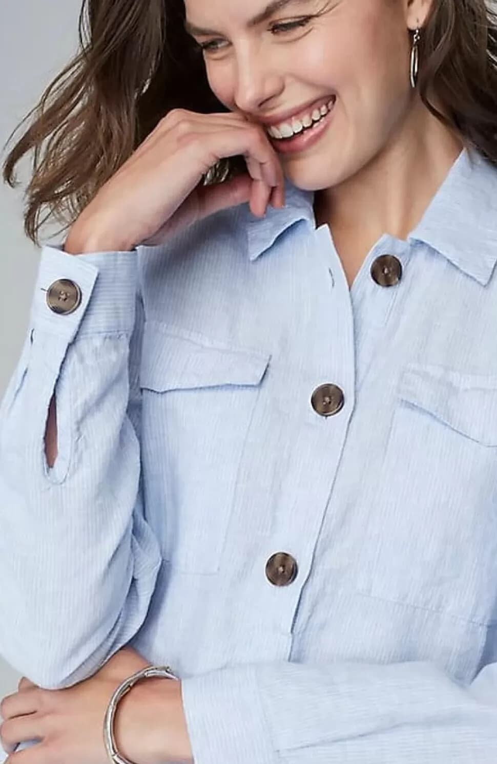 J.Jill Love Linen Popover Shirtdress Long Sleeve Pocket Pin-Strip Blue Women's L - Thumbnail 5