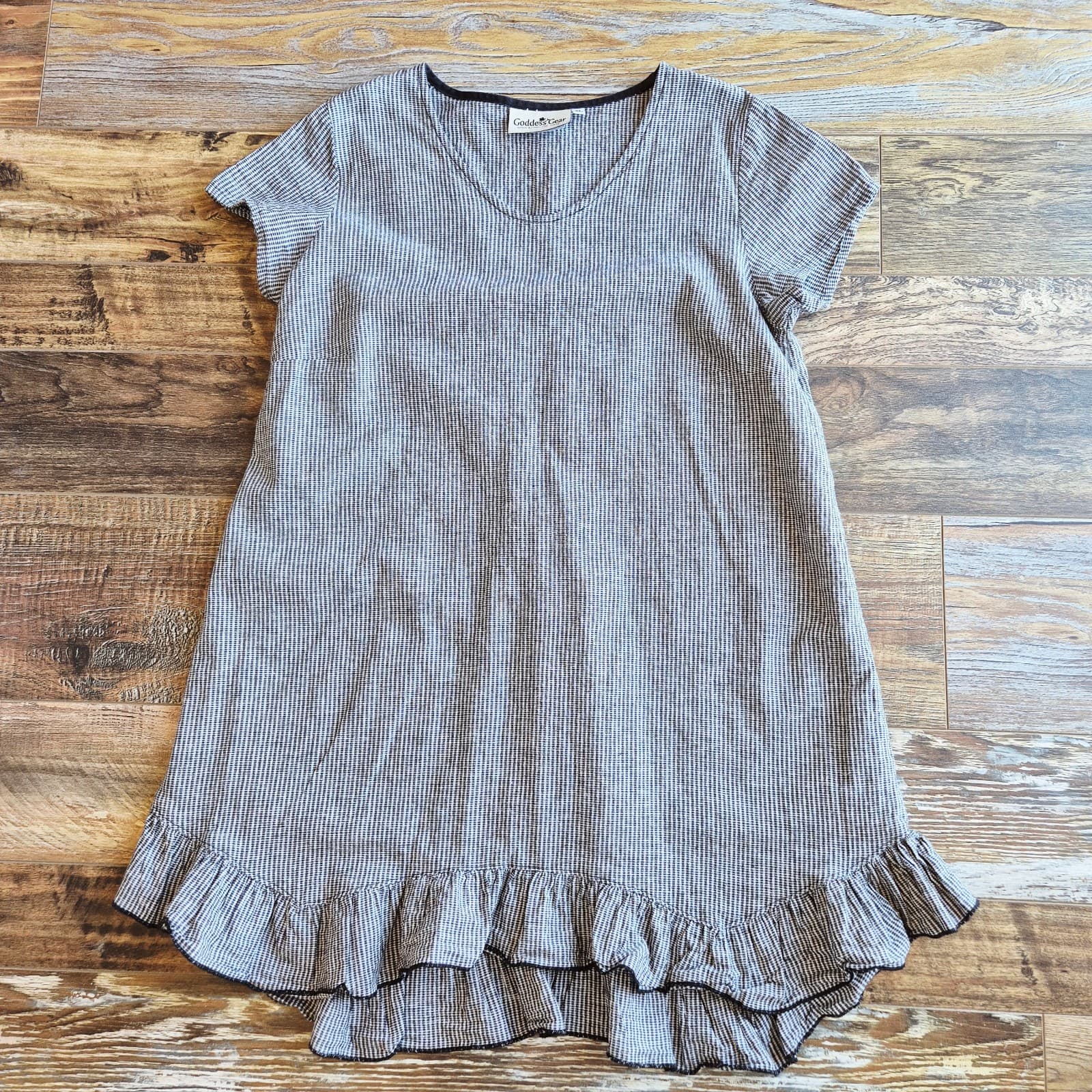 Goddess Gear Sz.XL Linen Cotton Houndstooth Lagenlook Ruffle Dress Short Sleeve - Thumbnail 6