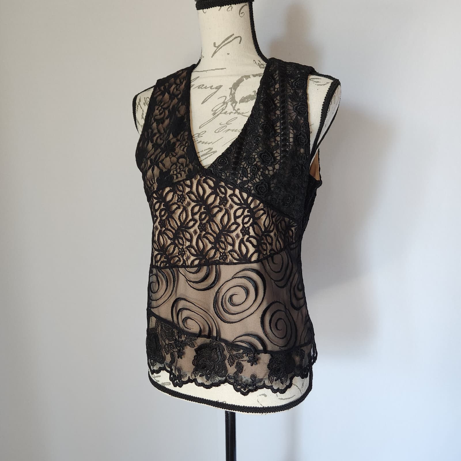 Lafayette 148 NY Lace Mesh Embroidered Tank Top Lined V-Neck Black Tan Women 6 - Thumbnail 2