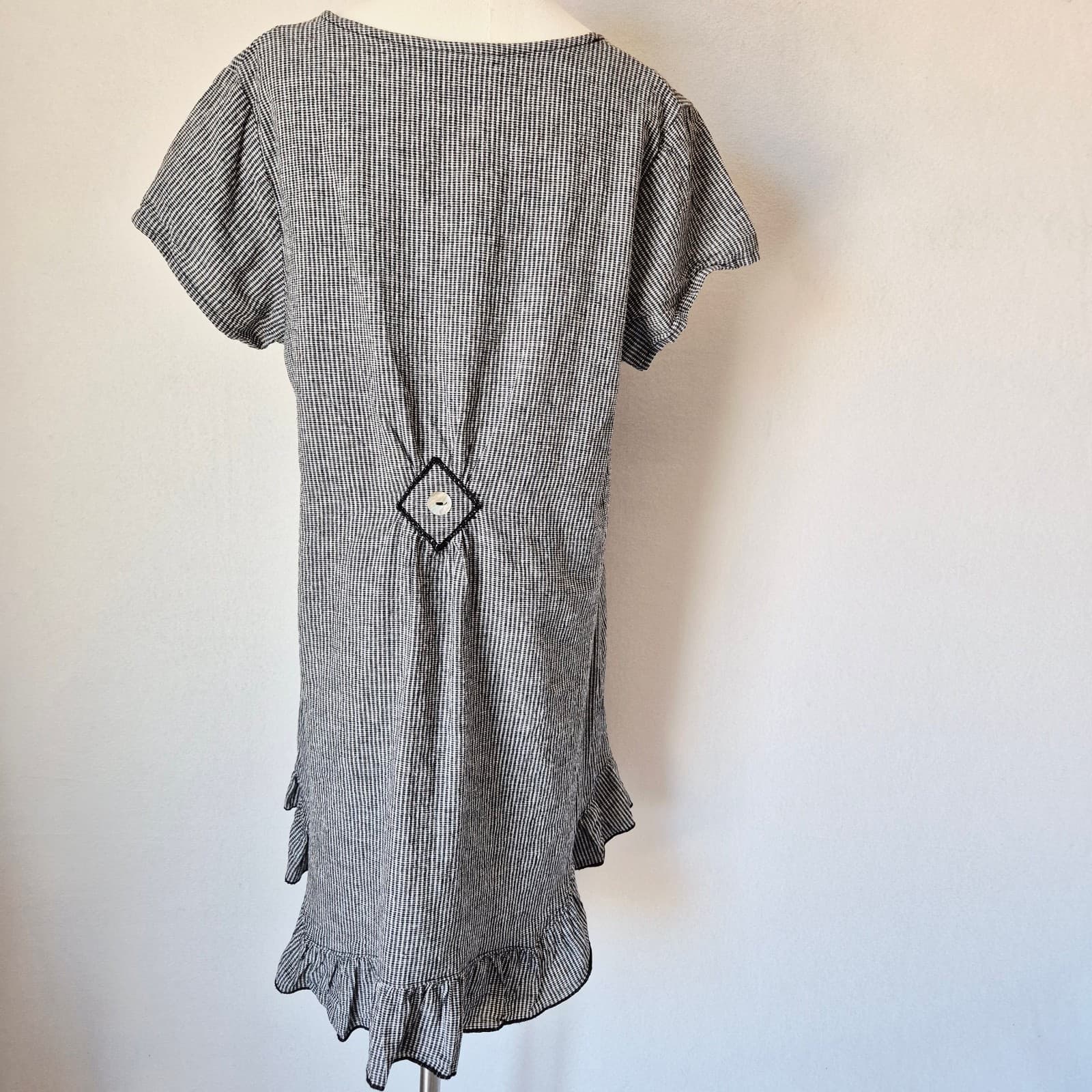 Goddess Gear Sz.XL Linen Cotton Houndstooth Lagenlook Ruffle Dress Short Sleeve - Thumbnail 4