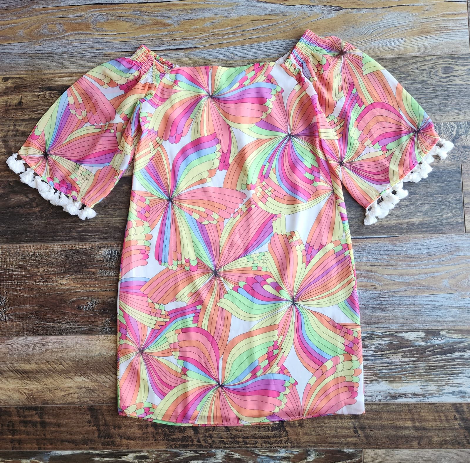 Trina Turk Amaris Off-Shoulder Mini Shift Dress Tassel Geo-Printed Multicolor XS - Thumbnail 4