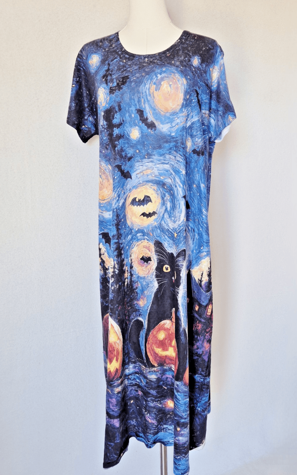 Et' Lois Black Cat Jack-o' Lanterns Van Gogh Starry Night Maxi T-Shirt Dress XL - Thumbnail 2