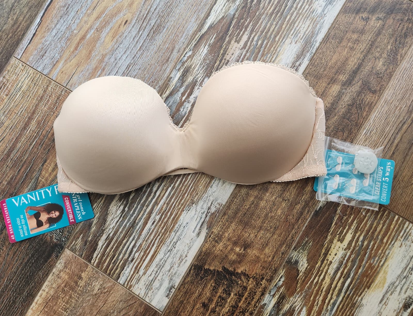 NEW Vanity Fair Gel Touch Strapless Push-Up Bra Lace Trim Convertible Beige 36C