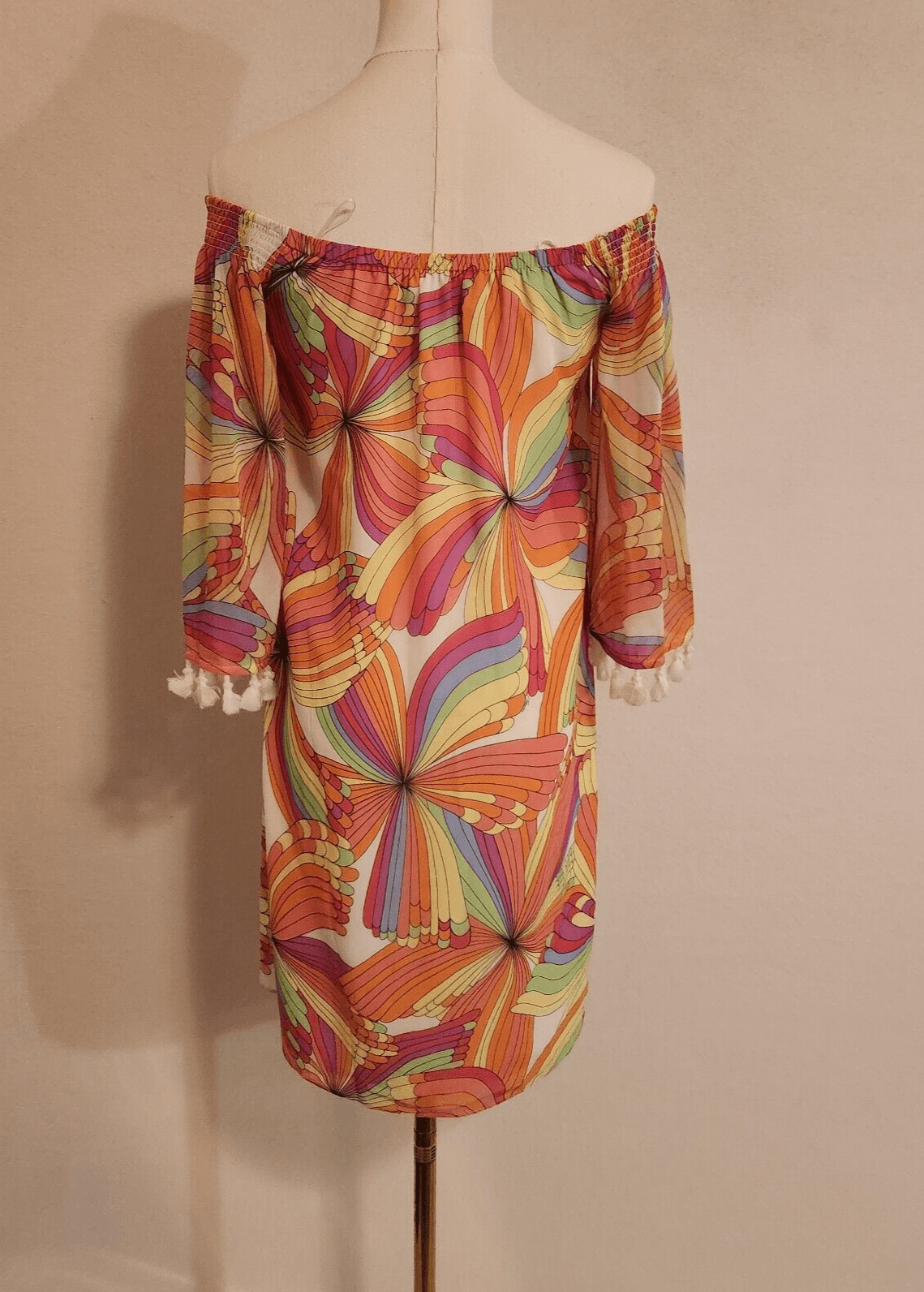 Trina Turk Amaris Off-Shoulder Mini Shift Dress Tassel Geo-Printed Multicolor XS - Thumbnail 12