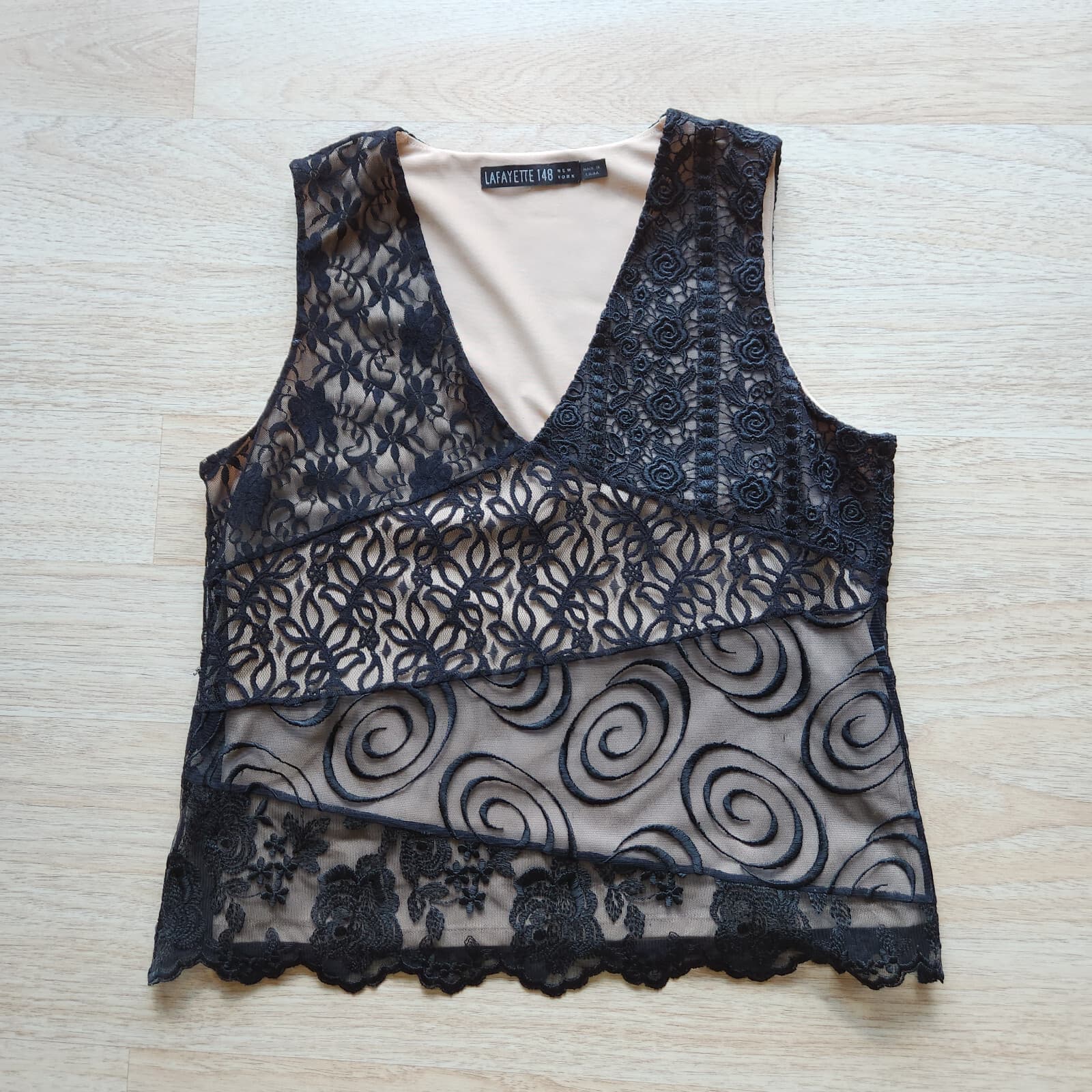 Lafayette 148 NY Lace Mesh Embroidered Tank Top Lined V-Neck Black Tan Women 6 - Thumbnail 5