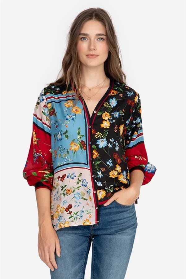 Johnny Was Perdita 100% Silk Satin Button-Front Blouse V-Neck Long Sleeve Sz.S - Thumbnail 3