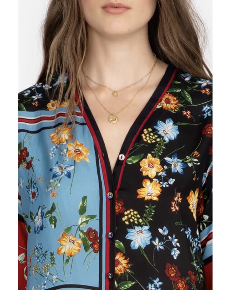 Johnny Was Perdita 100% Silk Satin Button-Front Blouse V-Neck Long Sleeve Sz.S - Thumbnail 6