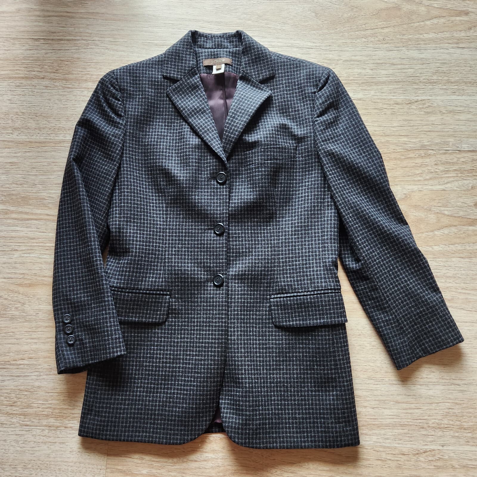 J.Crew Made in Italy Wool Check Blazer 3-Botton Lined Pocket Black Grey Women 2 - Thumbnail 3