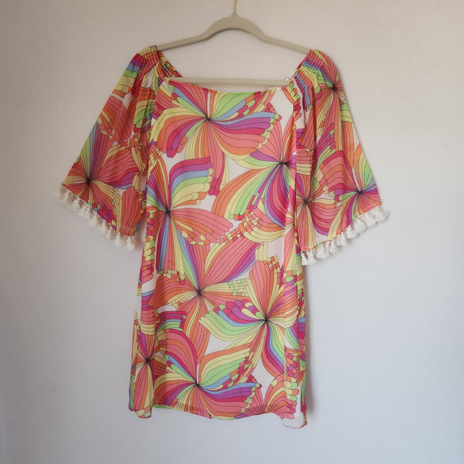 Trina Turk Amaris Off-Shoulder Mini Shift Dress Tassel Geo-Printed Multicolor XS - Thumbnail 8
