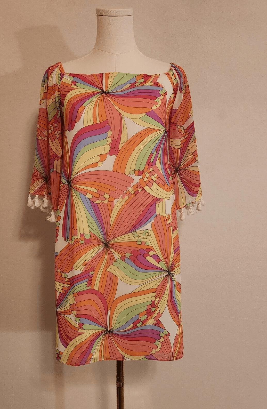 Trina Turk Amaris Off-Shoulder Mini Shift Dress Tassel Geo-Printed Multicolor XS - Thumbnail 3