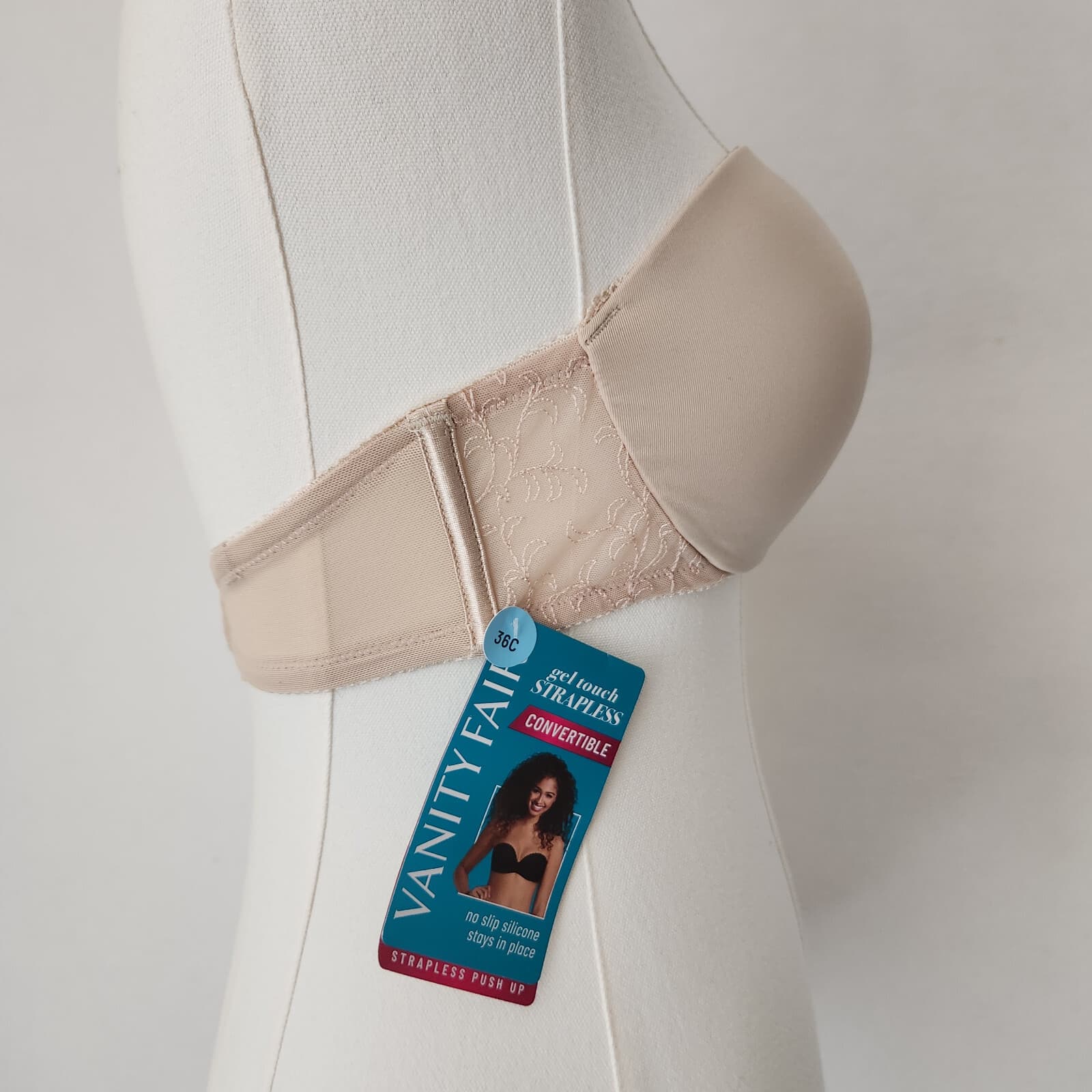 NEW Vanity Fair Gel Touch Strapless Push-Up Bra Lace Trim Convertible Beige 36C - Thumbnail 14