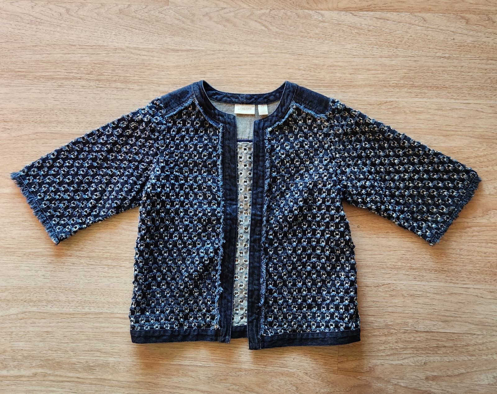Chico's Perforated Denim Open Jacket 3/4 Sleeve 100% Cotton Blue Sz.0 (S/4) - Thumbnail 5