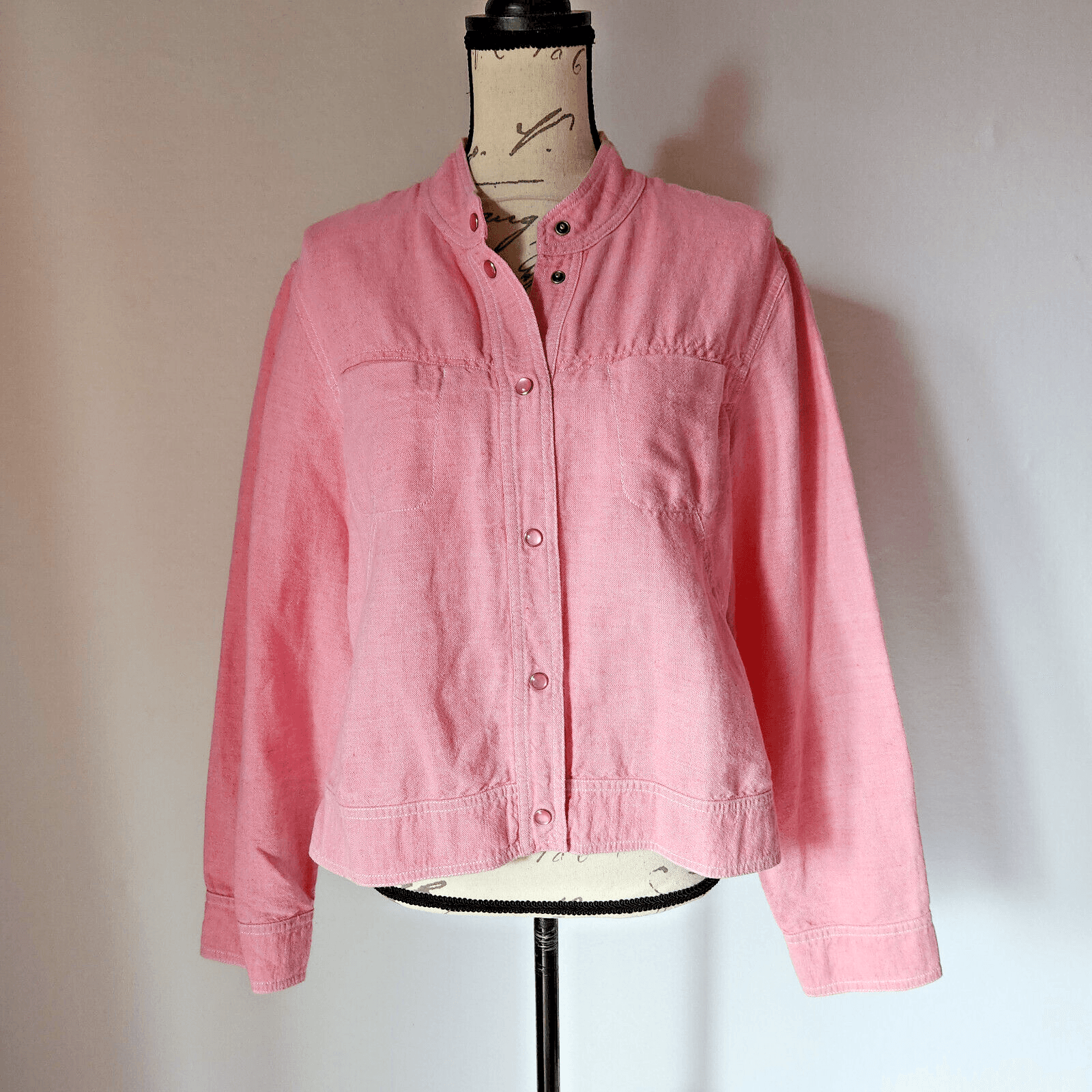 Vintage J.Jill Linen Cotton Blend Jacket Pearl Snap High Neck Pocket Pink Sz.L - Thumbnail 2
