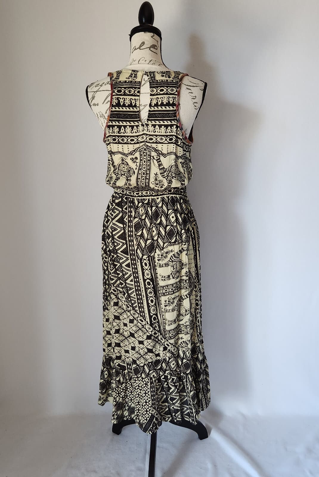 Lucky Brand Beaded Desert Crochet Midi Dress Waist Drawstring Black Cream Sz.S - Thumbnail 4