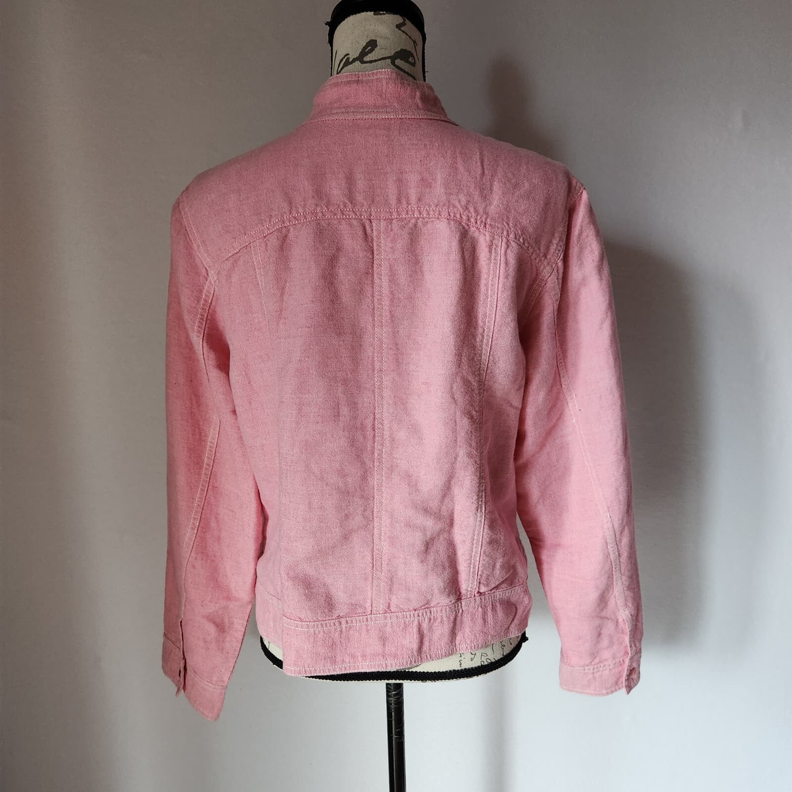 Vintage J.Jill Linen Cotton Blend Jacket Pearl Snap High Neck Pocket Pink Sz.L - Thumbnail 5