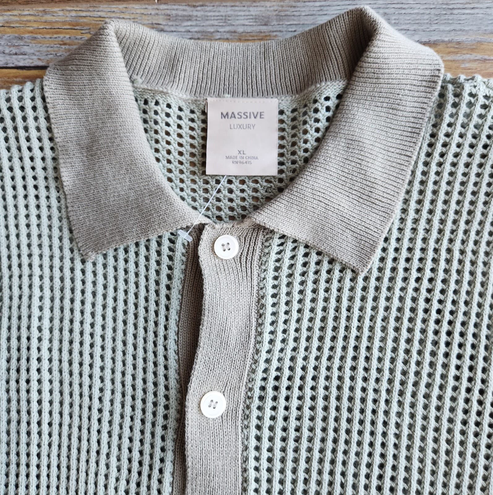 NWT MASSIVE Luxury Knit Crochet Grandpa Button Shirt Short Sleeve Green Men's XL - Thumbnail 2
