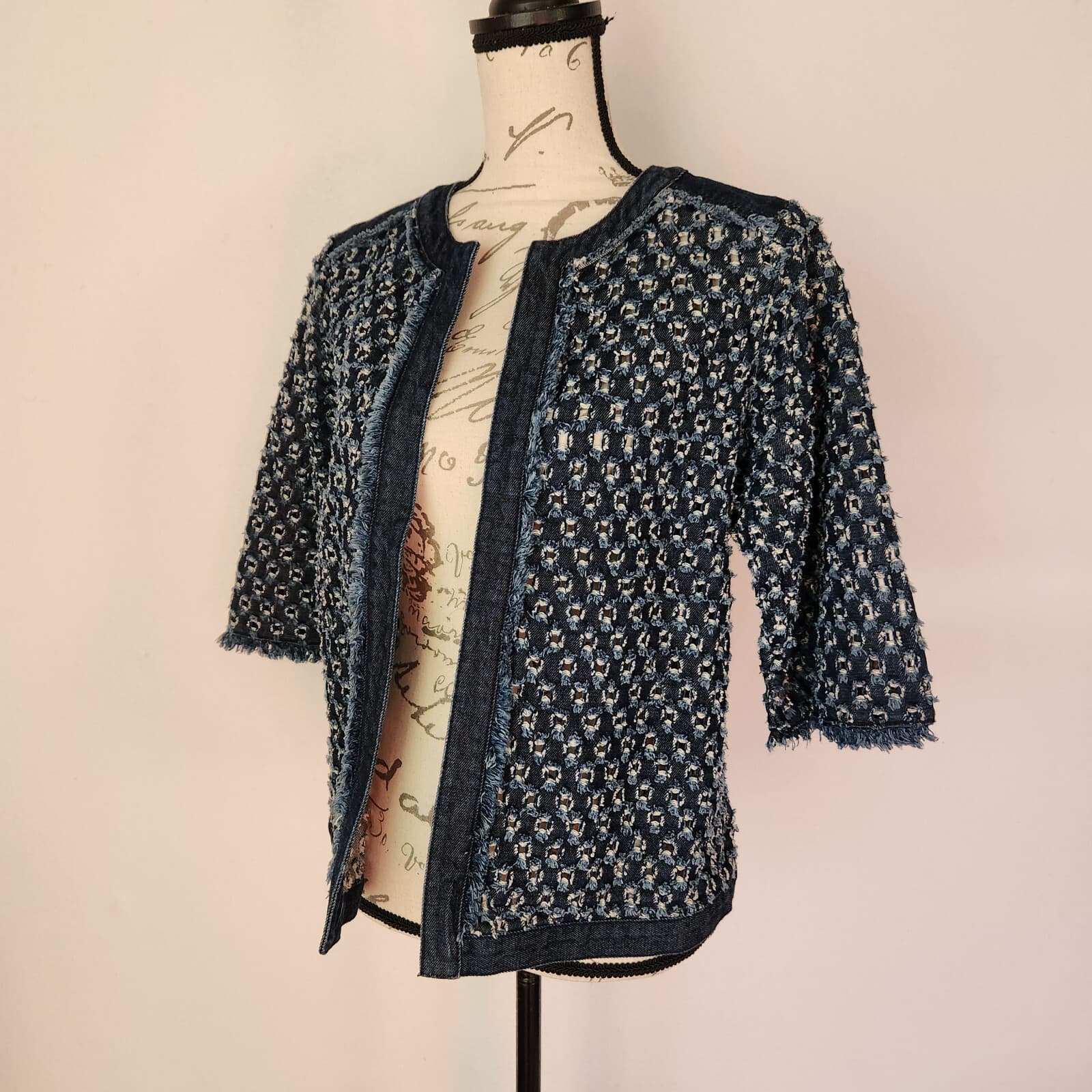Chico's Perforated Denim Open Jacket 3/4 Sleeve 100% Cotton Blue Sz.0 (S/4)