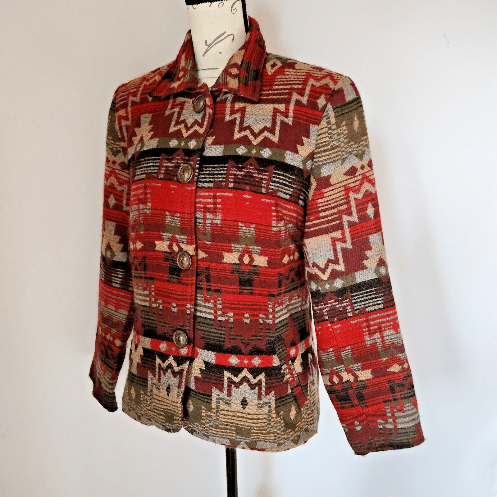 Coldwater Creek Aztec Tribal Southwest Wool Blend Jacket Button Multicolor Sz.10 - Thumbnail 2