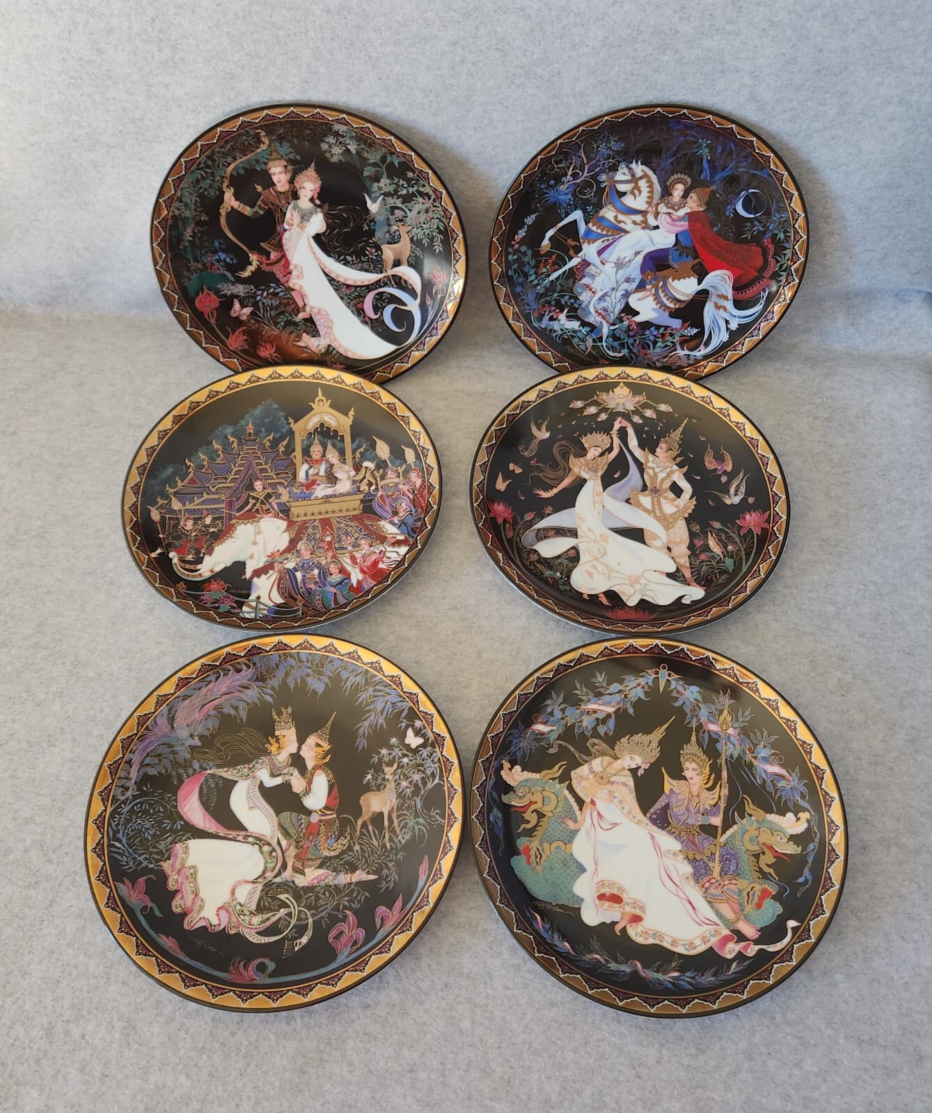 Set of 6 Royal Porcelain Ramayana Siam/Thai Literary Canon 22K Gold Decorated - Thumbnail 8