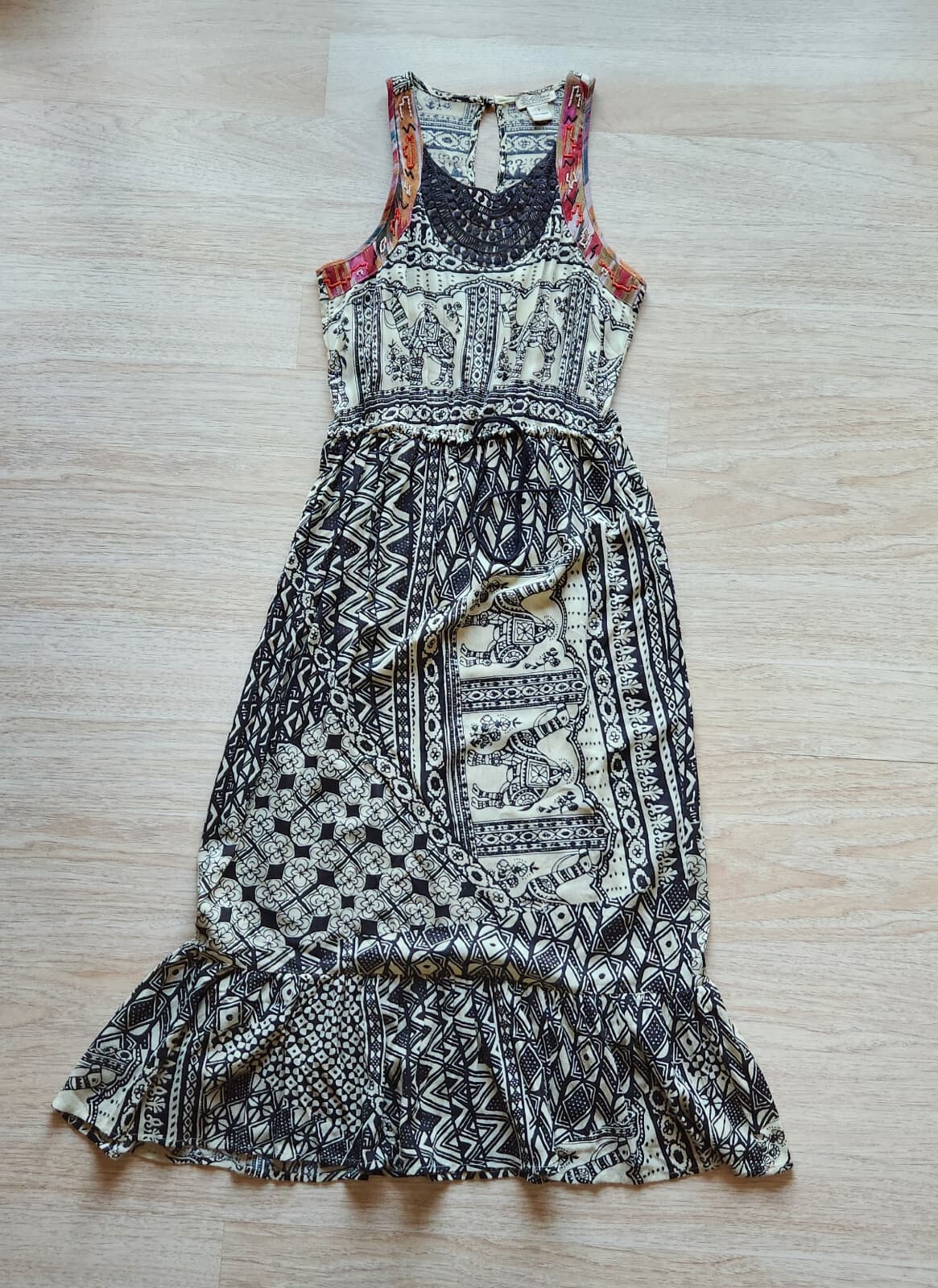 Lucky Brand Beaded Desert Crochet Midi Dress Waist Drawstring Black Cream Sz.S - Thumbnail 5