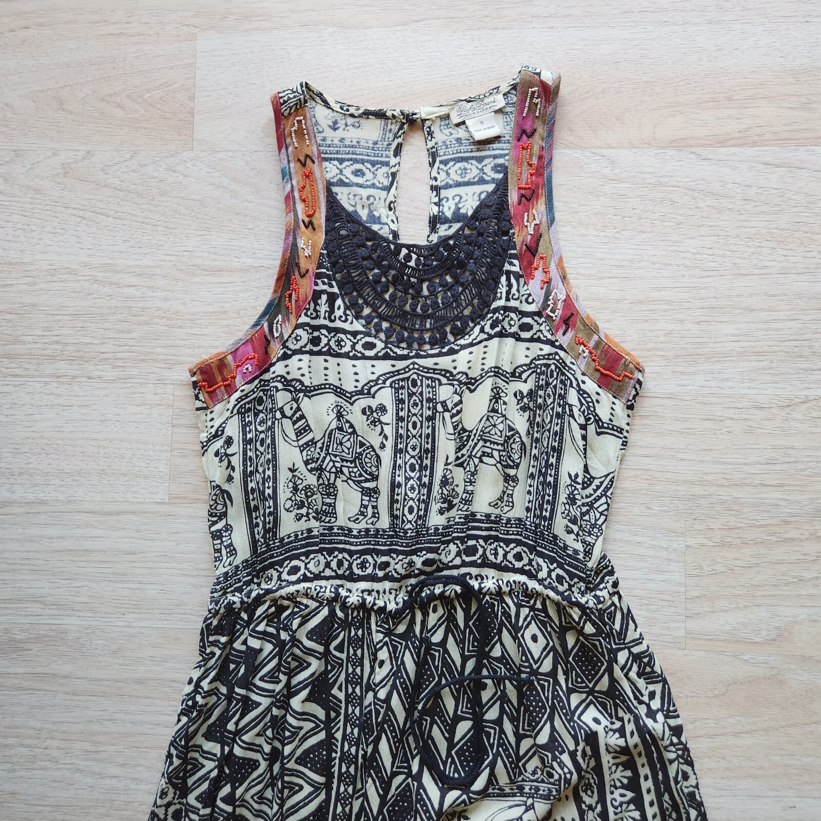 Lucky Brand Beaded Desert Crochet Midi Dress Waist Drawstring Black Cream Sz.S - Thumbnail 6