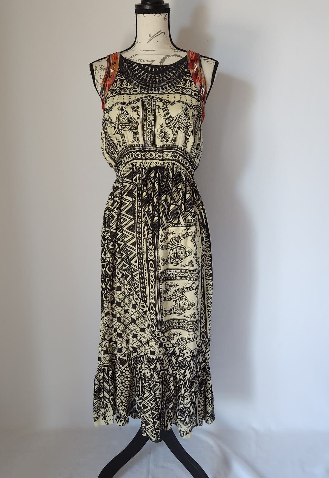 Lucky Brand Beaded Desert Crochet Midi Dress Waist Drawstring Black Cream Sz.S - Thumbnail 2