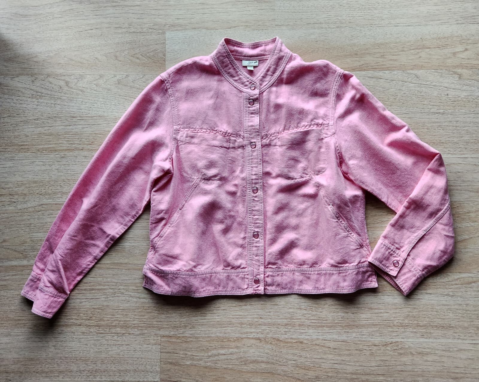 Vintage J.Jill Linen Cotton Blend Jacket Pearl Snap High Neck Pocket Pink Sz.L - Thumbnail 3
