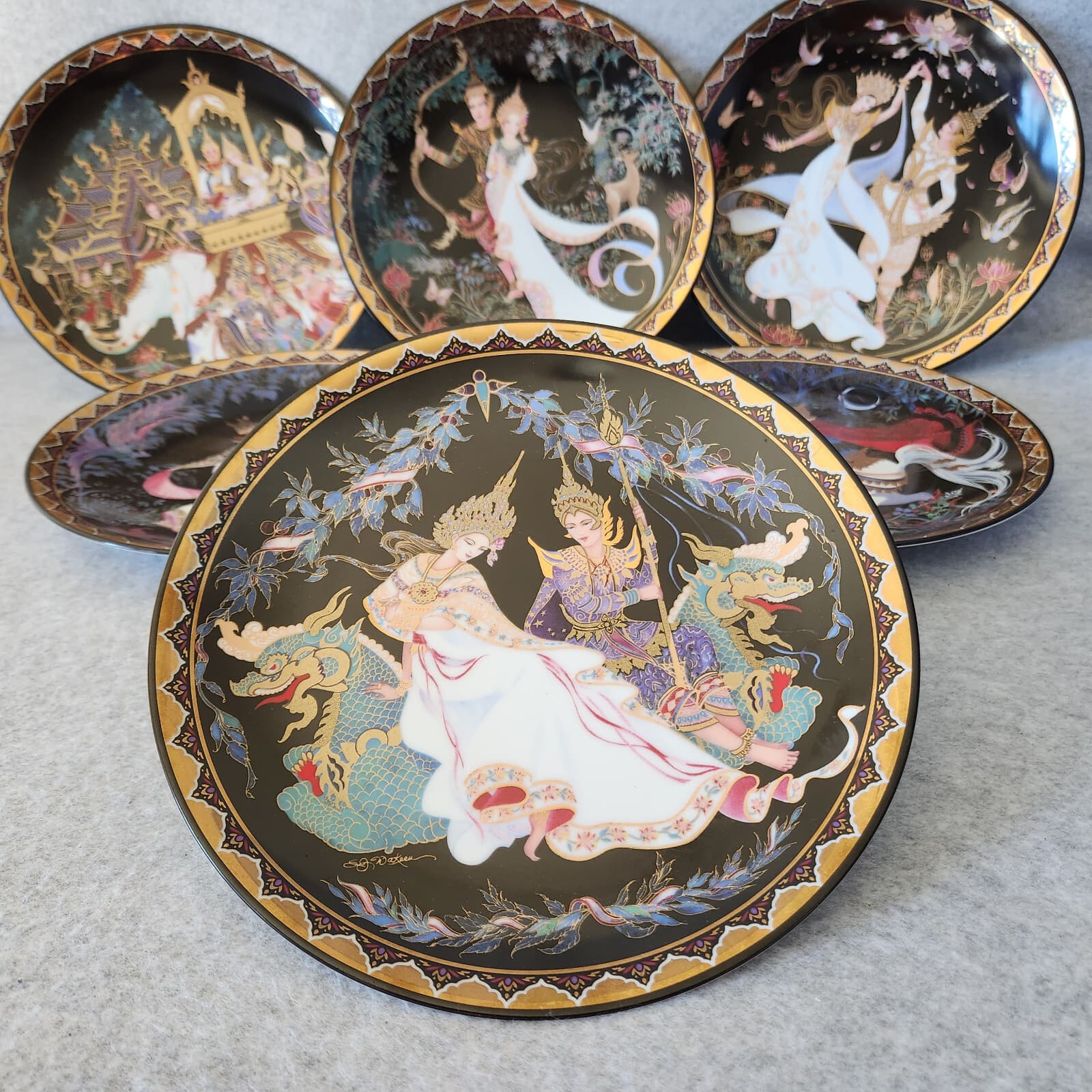 Set of 6 Royal Porcelain Ramayana Siam/Thai Literary Canon 22K Gold Decorated - Thumbnail 5