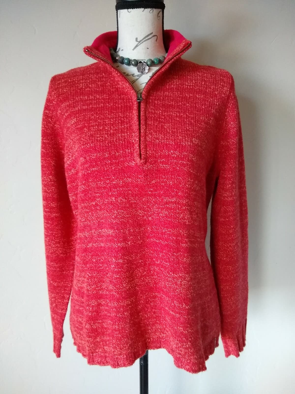 Woolrich Ramie Cotton Wool Blend Sweater 1/4-Zip Mock Neck Fleece-Neck Red Sz.L - Thumbnail 3