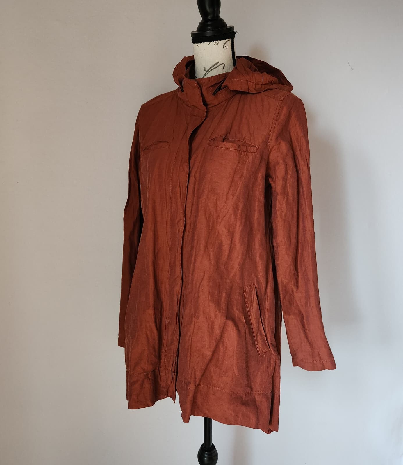 EILEEN FISHER Windbreaker Active Hooded Jacket Zip/Snap Cotton Blend Burgundy S - Thumbnail 2