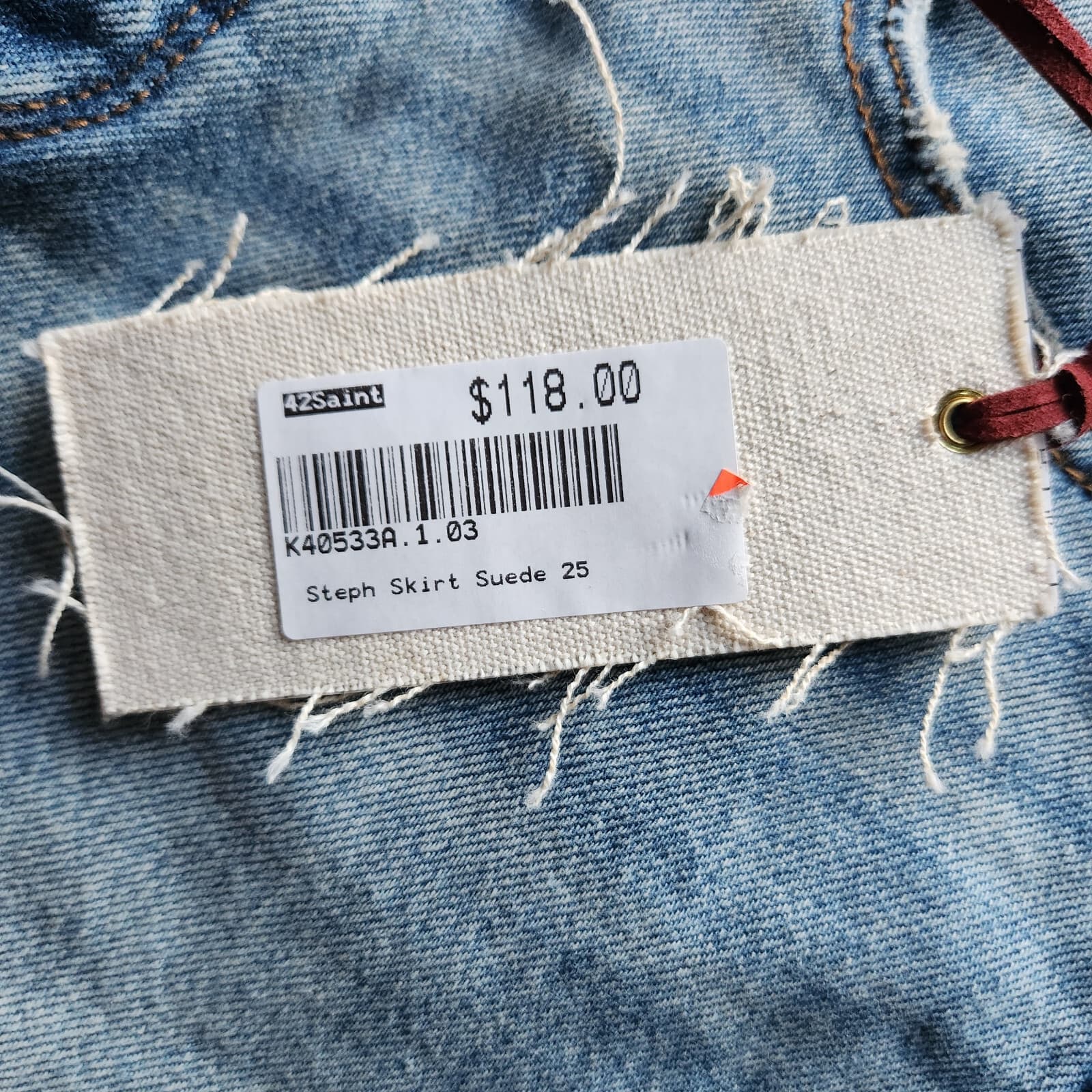 NWT Drifwood Steph Denim Suede Mini Skirt Button-Fly Raw Hem Blue Womens 25 $118 - Thumbnail 9