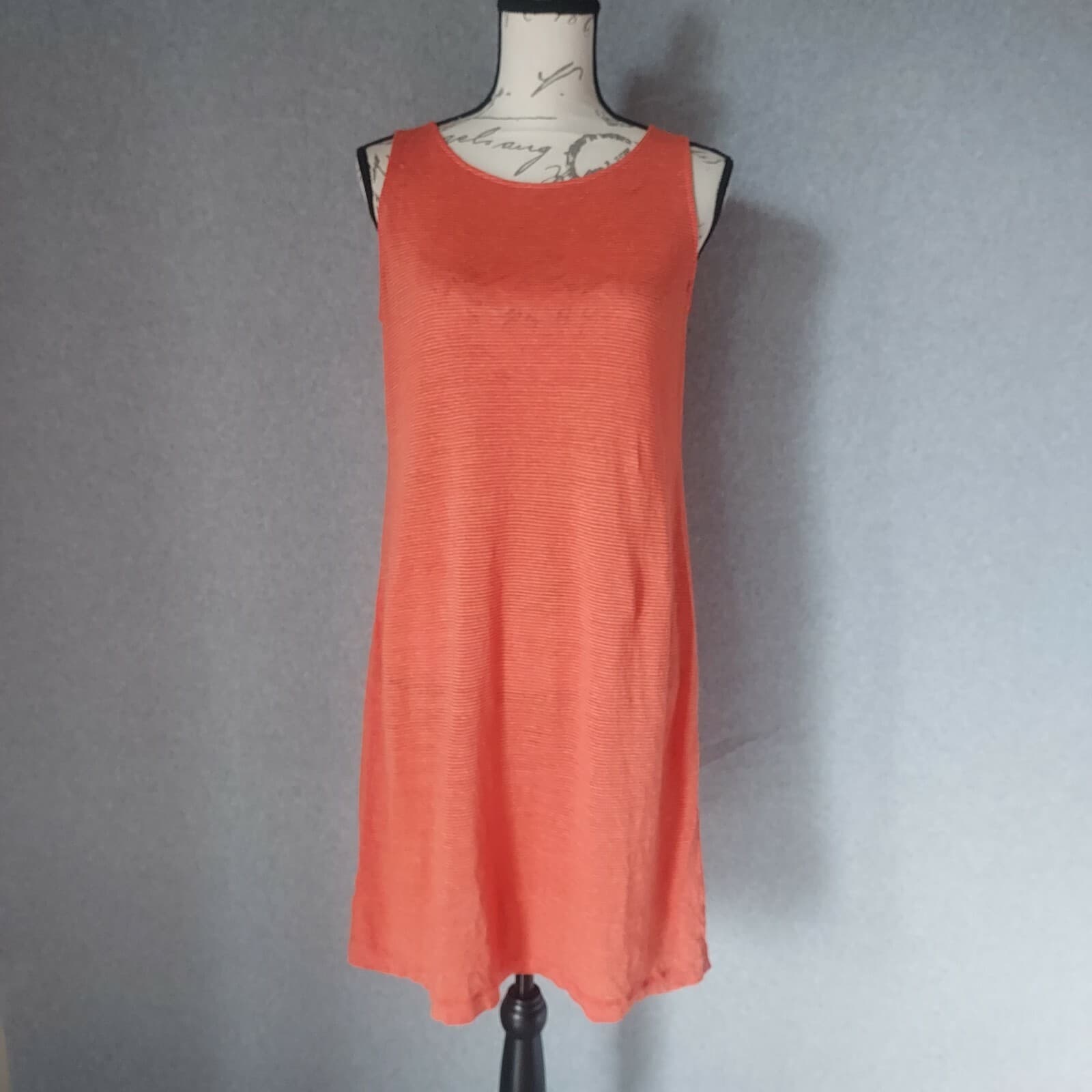 EILEEN FISHER 100% Linen Tunic Shift Dress Sleeveless Pinstripe Orange Women XS